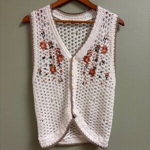 Womens Pointelle Knit Vest Size XS Acrylic Floral Festival Hippie Cottagecore